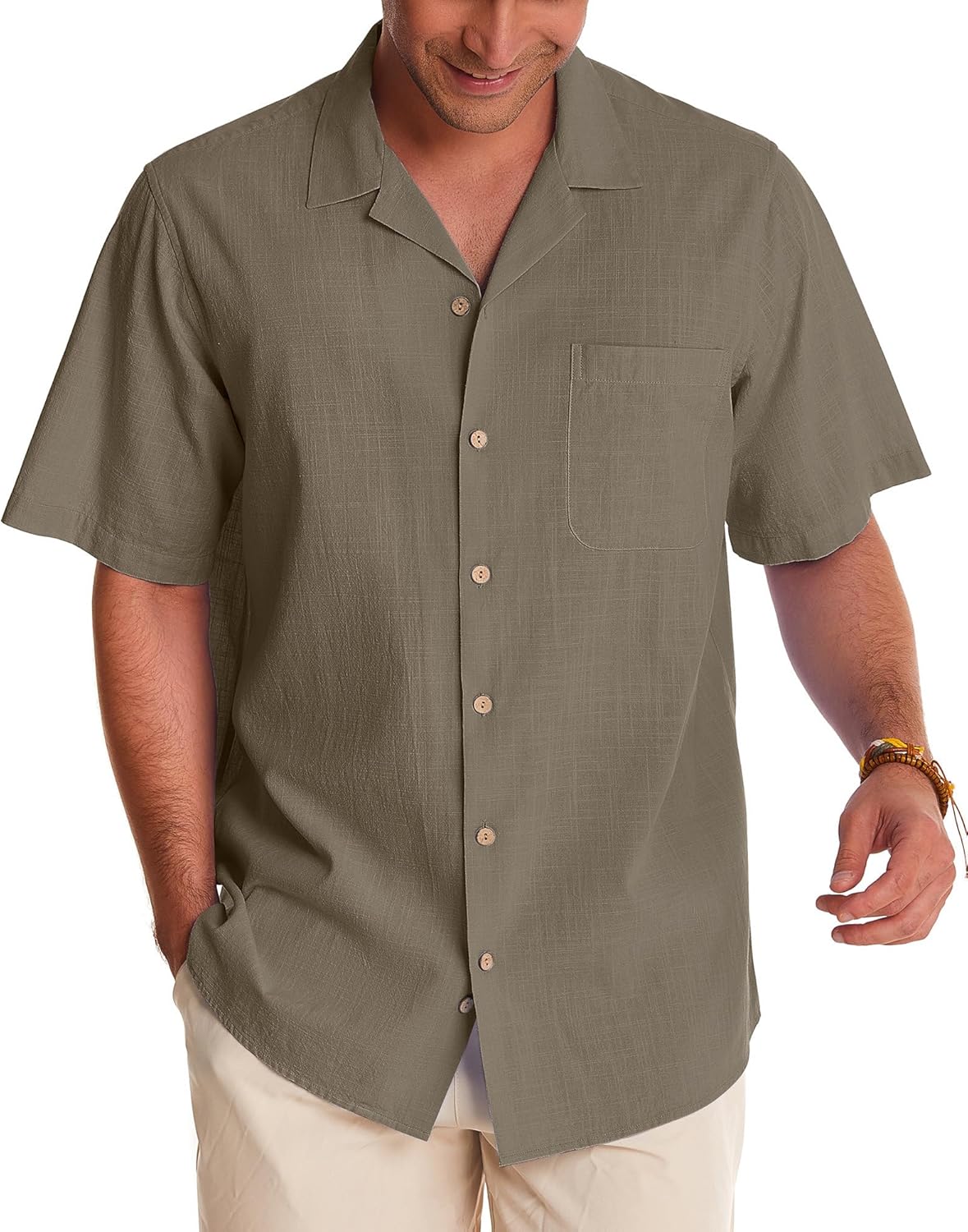 Alimens & Gentle Cuban Linen Shirts for Men Short Sleeve Button Down Shirt Cotton Summer Beach Camp Vacation Hawaiian Shirts