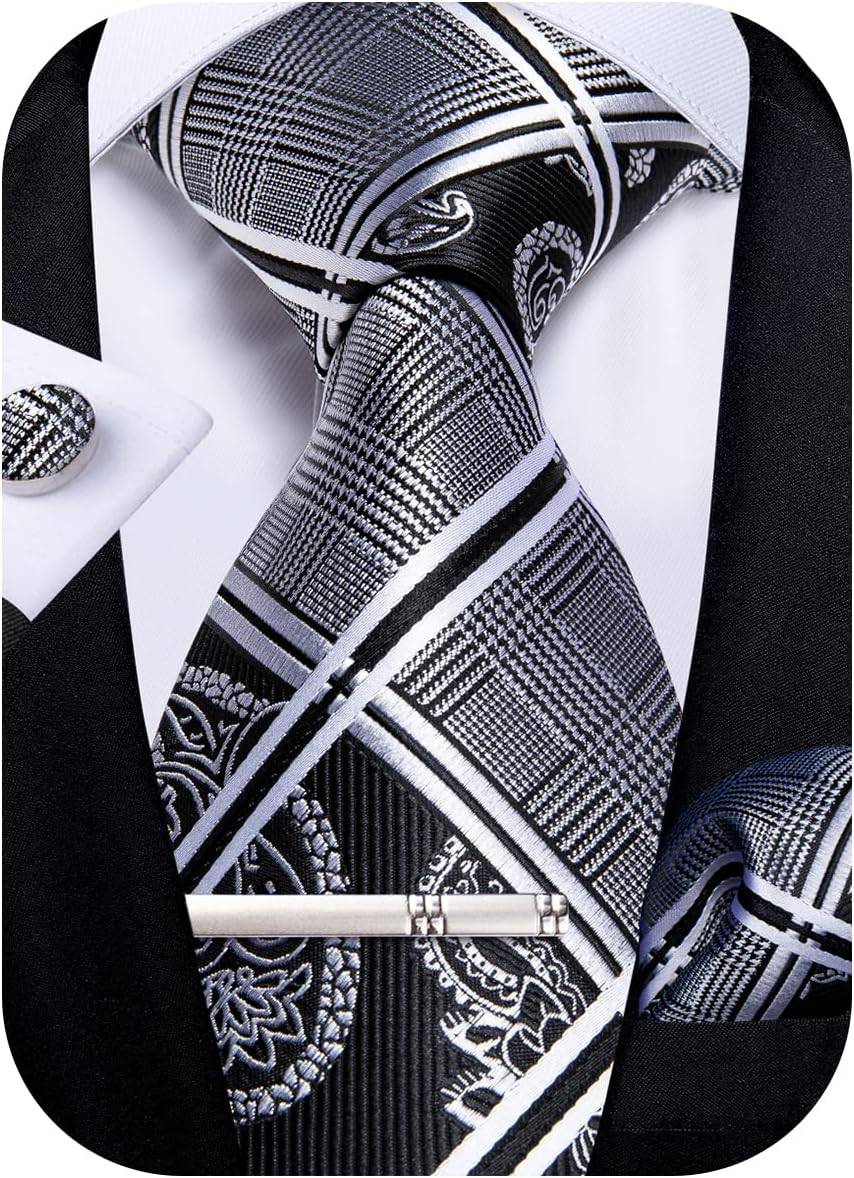 Plaid Ties for Men Silk Checkered Necktie and Pocket Square Cufflinks Tie Clip Set with Gift Box for Wedding Business