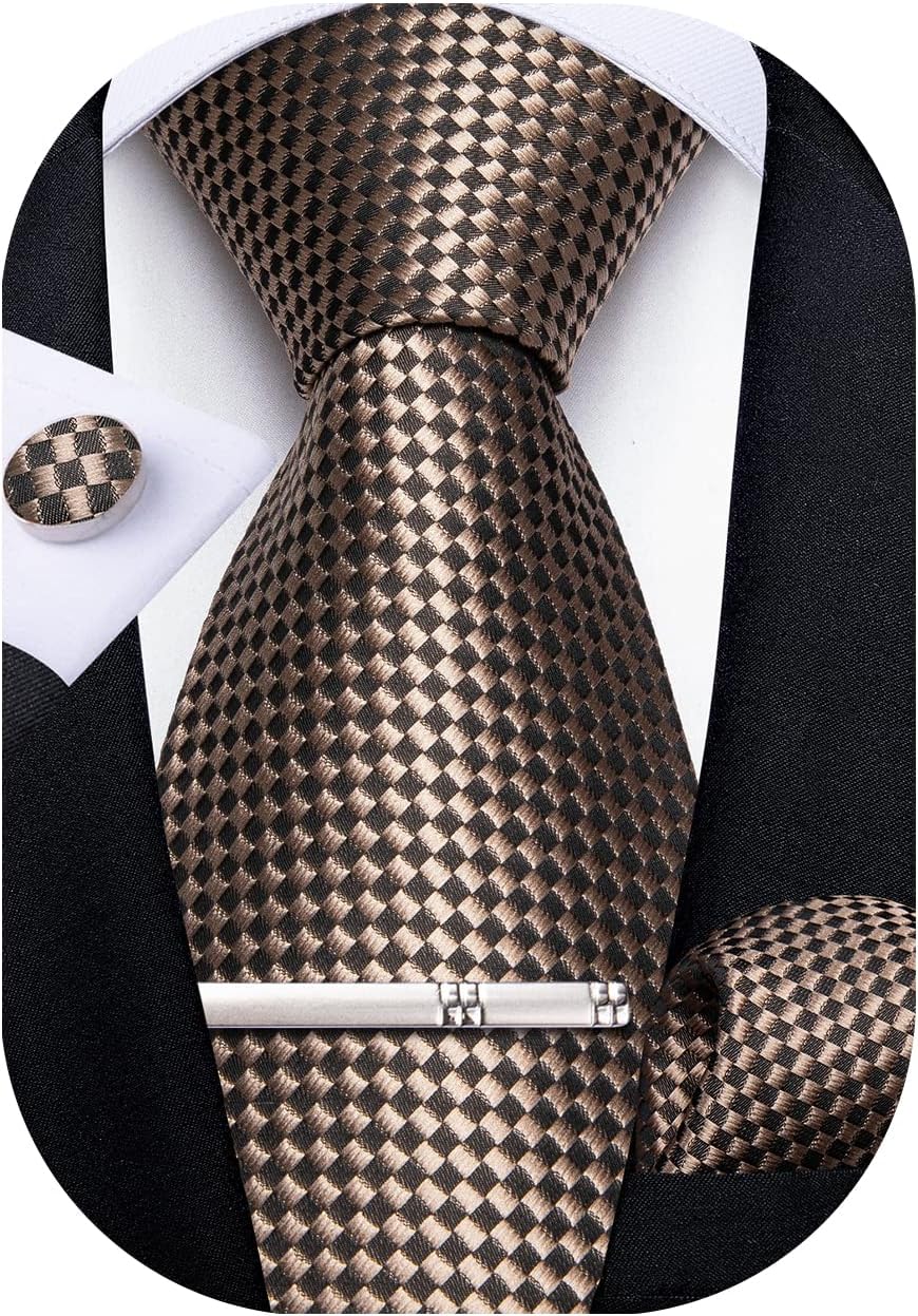 Plaid Ties for Men Silk Checkered Necktie and Pocket Square Cufflinks Tie Clip Set with Gift Box for Wedding Business