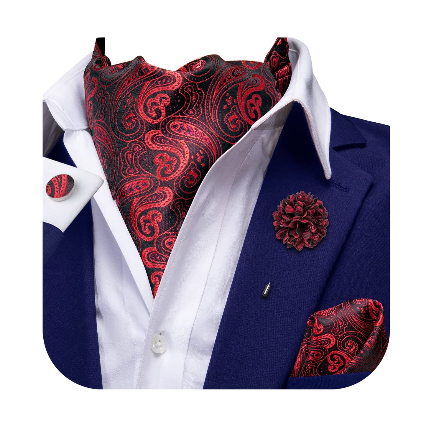 Silk Ascot for Men Self Tie Men's Cravat and Flower Lapel Pin Handkerchief Cufflinks Set for Wedding Party