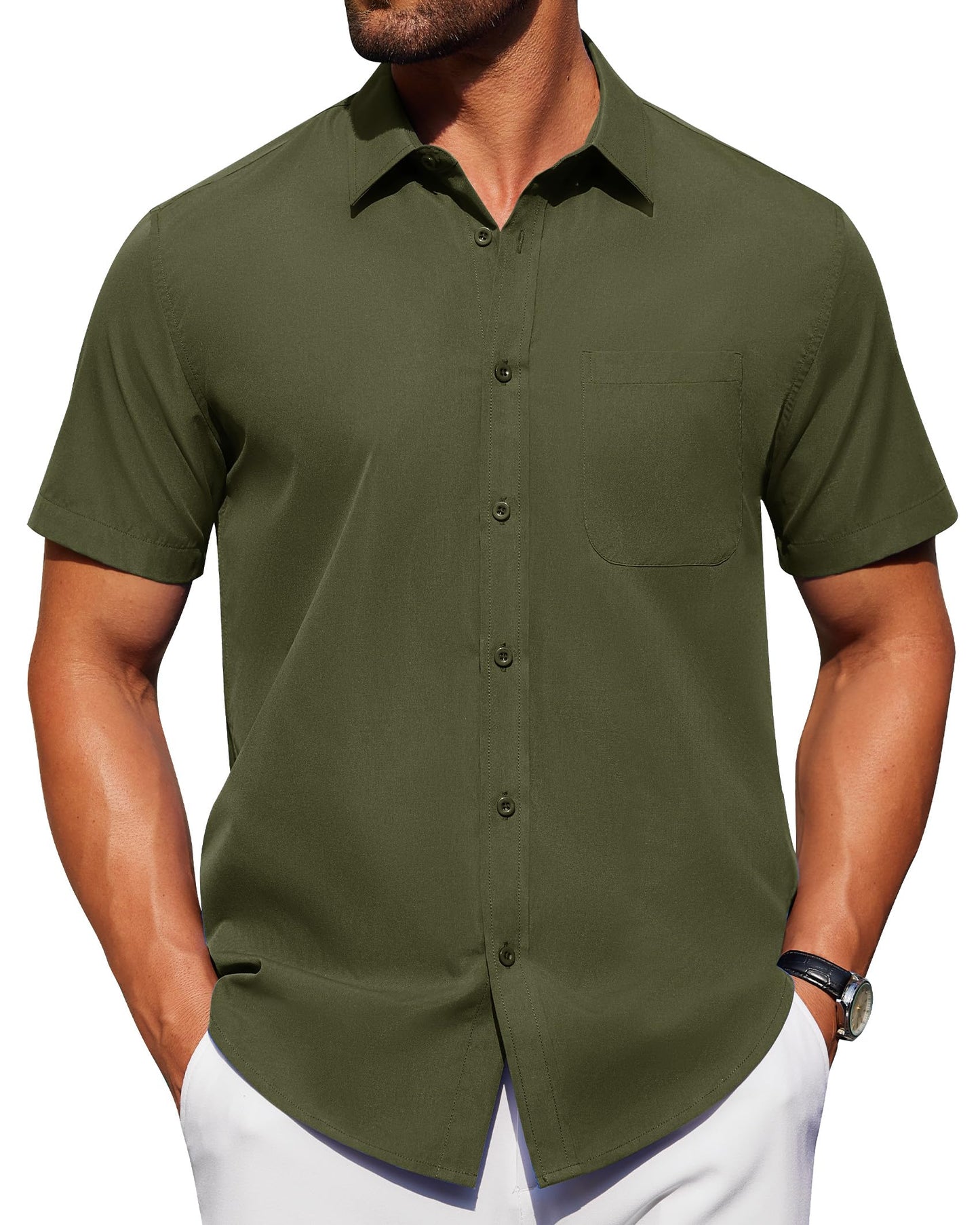 Alimens & Gentle Mens Short Sleeve Dress Shirt Wrinkle Free Solid Casual Button Down Shirts for Summer Business Wedding