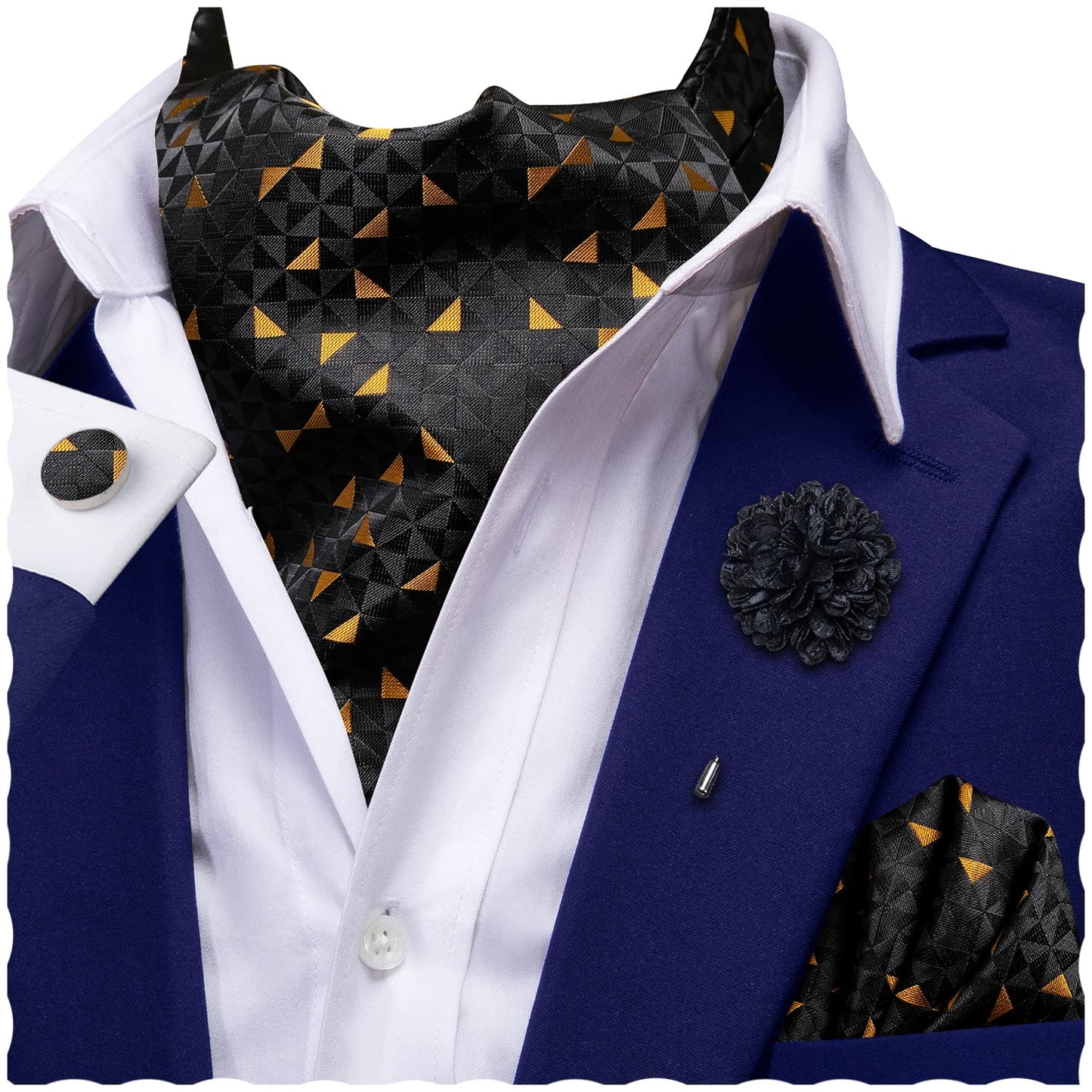 Ascot for Men Silk Cravat Handkerchief Cufflinks Lapel Pin Scarf Tie Sets Wedding Party Formal