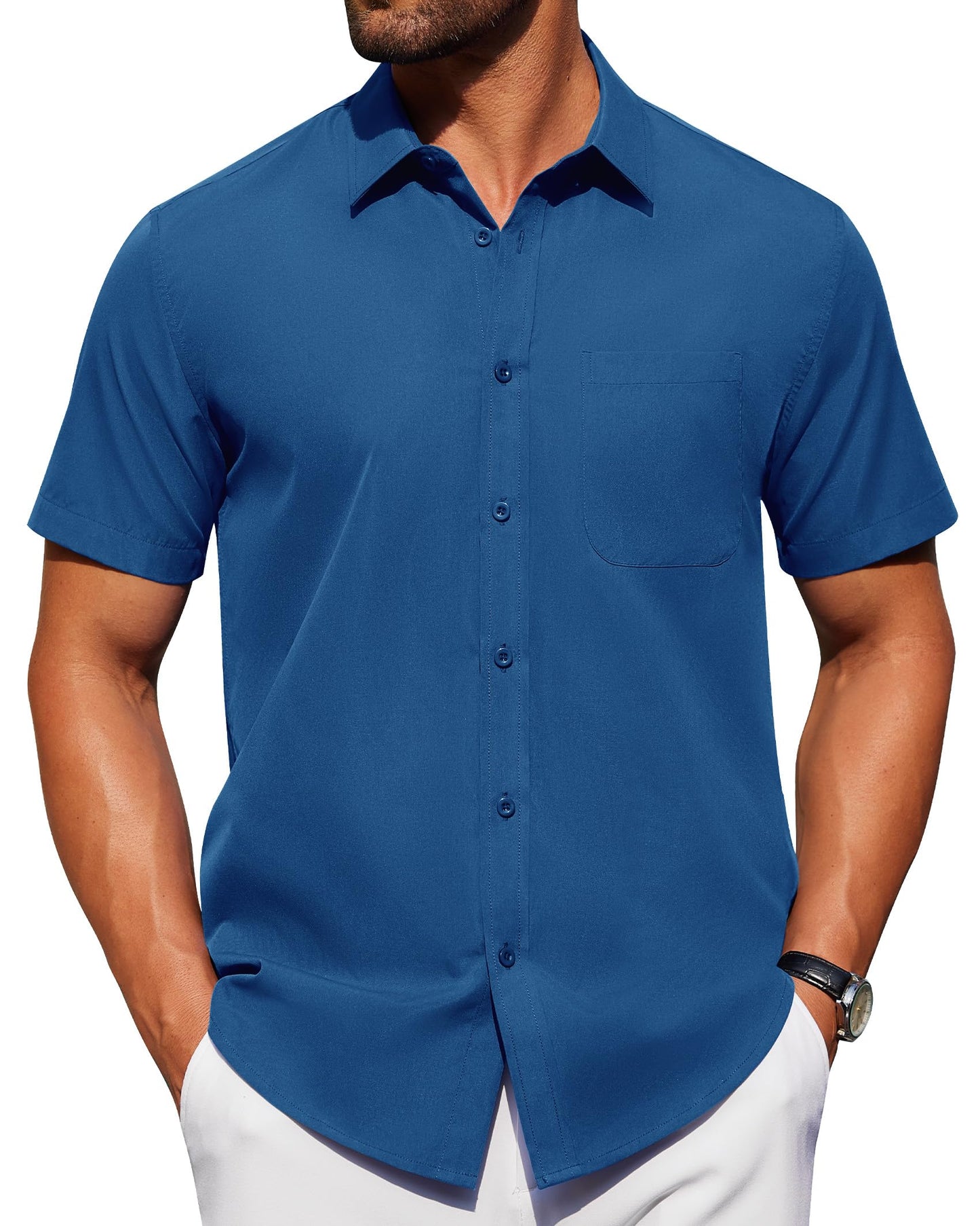 Alimens & Gentle Mens Short Sleeve Dress Shirt Wrinkle Free Solid Casual Button Down Shirts for Summer Business Wedding