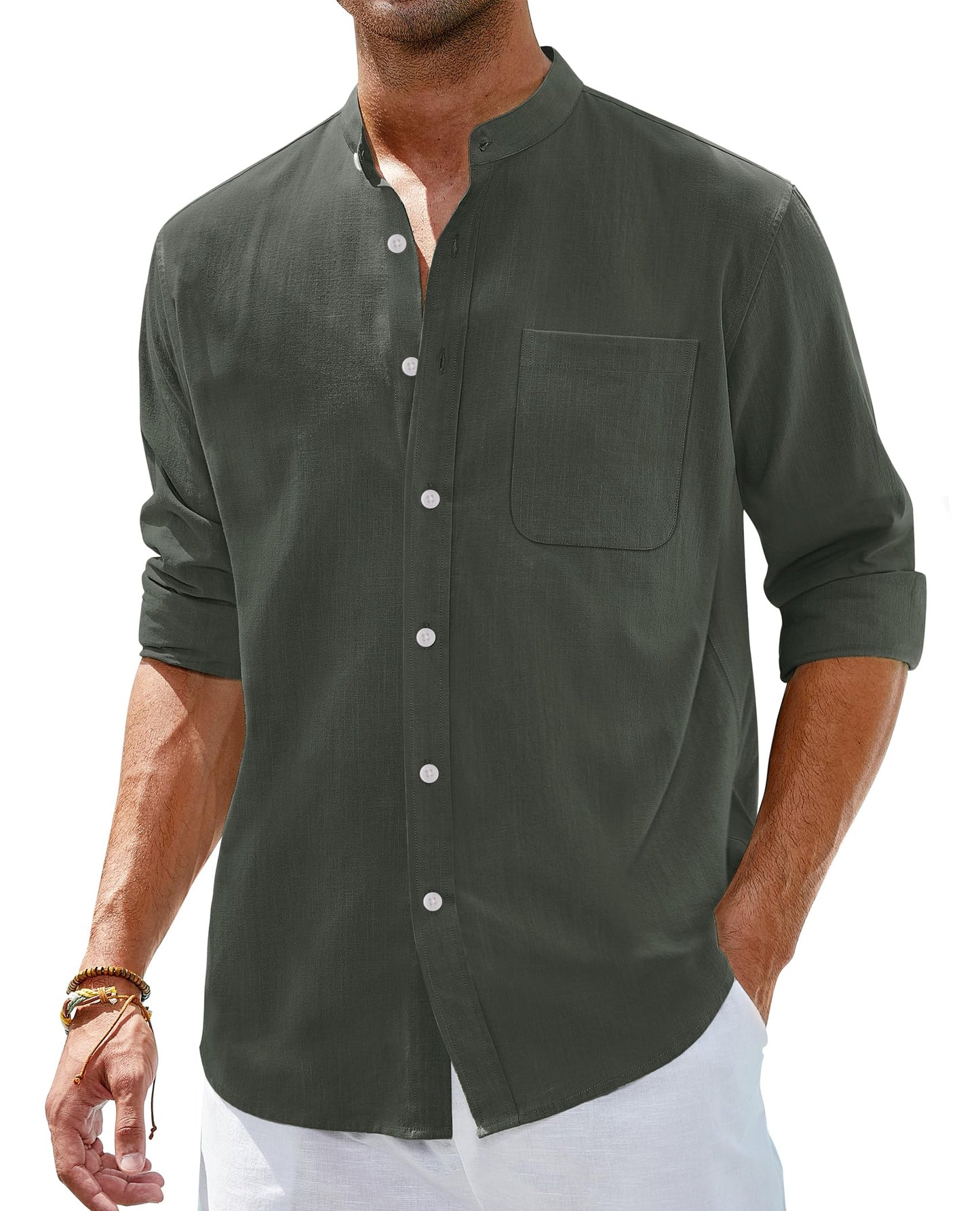 Alimens & Gentle Men's Cotton Linen Shirts Long Sleeve Button Down Shirt Band Collar Beach Shirts