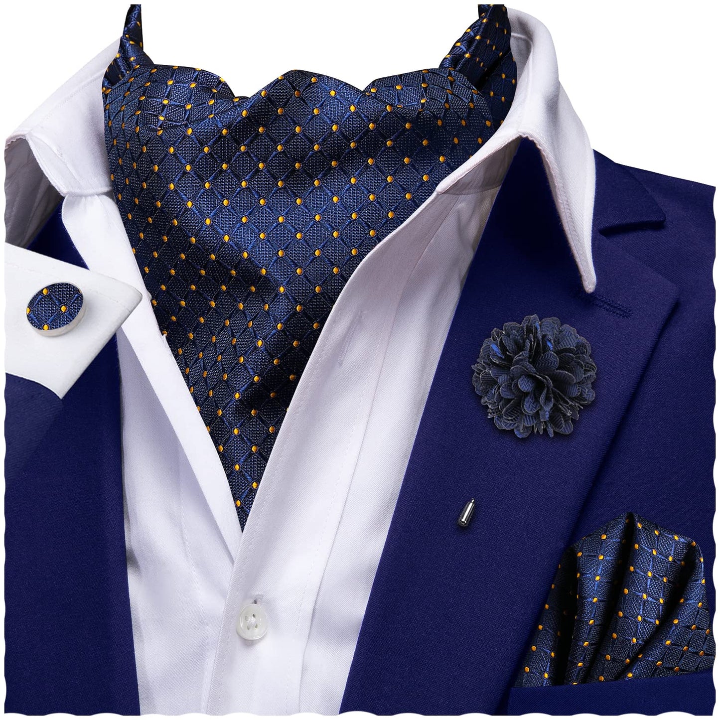 Ascot for Men Silk Cravat Handkerchief Cufflinks Lapel Pin Scarf Tie Sets Wedding Party Formal