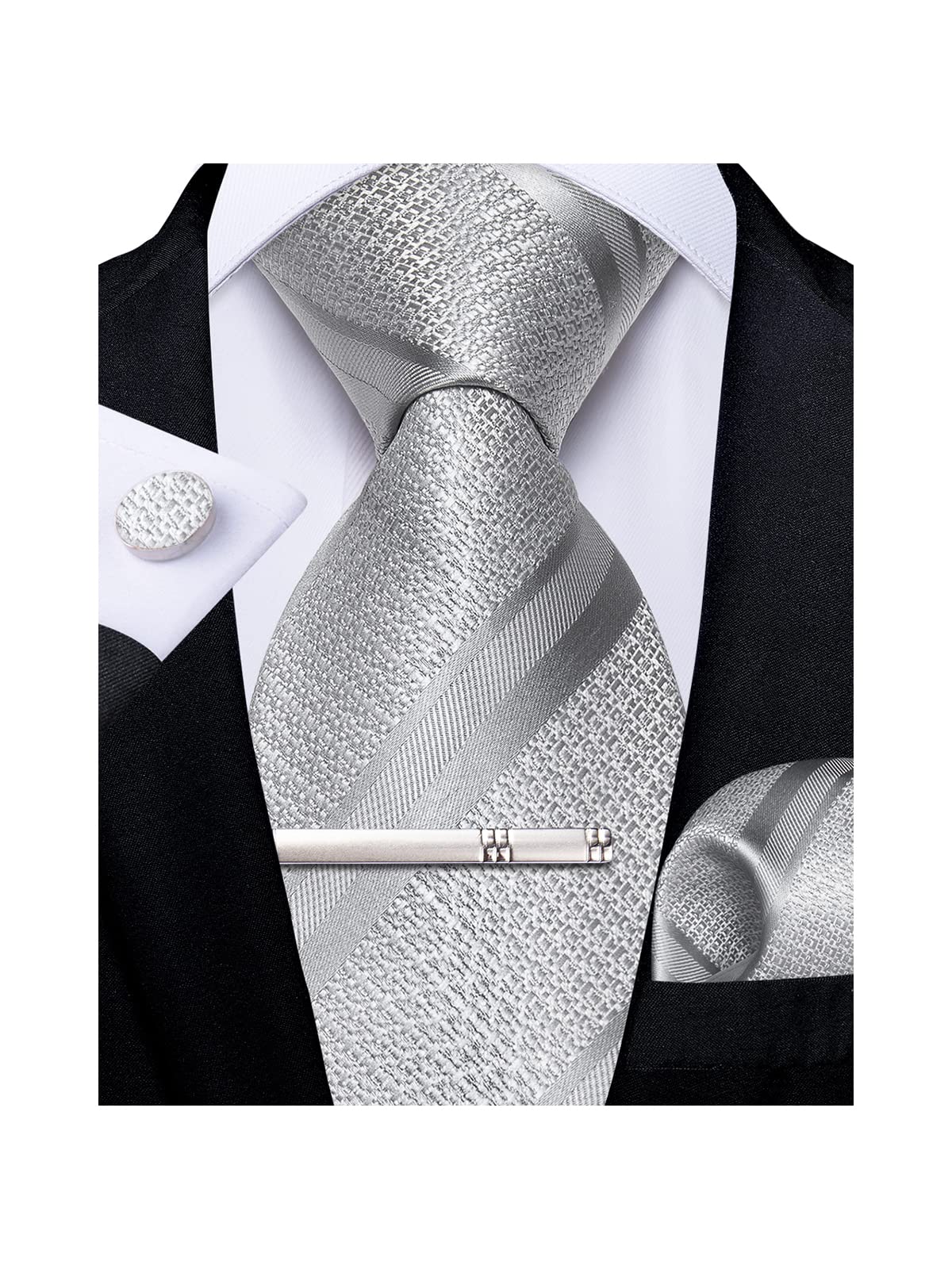 Mens Striped Tie Silk Woven Necktie and Pocket Square Cufflinks Tie Clip Set Wedding Business Formal Gift Tie for Men