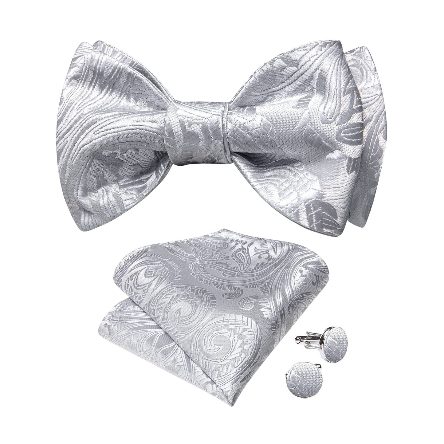 Mens Silk Self Bow Ties,Woven Solid Striped Paisley Bowtie and Pocket Square Cufflinks Set for Men Tuxedo Wedding