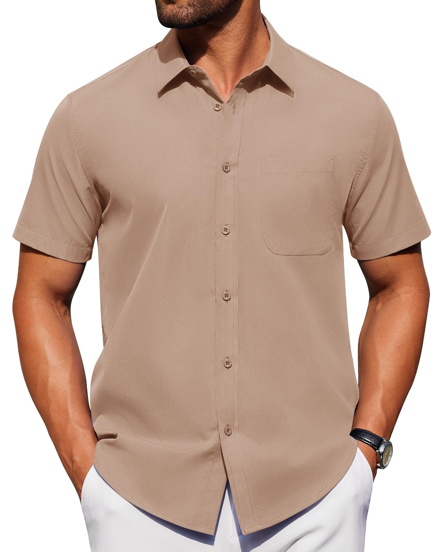 Alimens & Gentle Mens Short Sleeve Dress Shirt Wrinkle Free Solid Casual Button Down Shirts for Summer Business Wedding