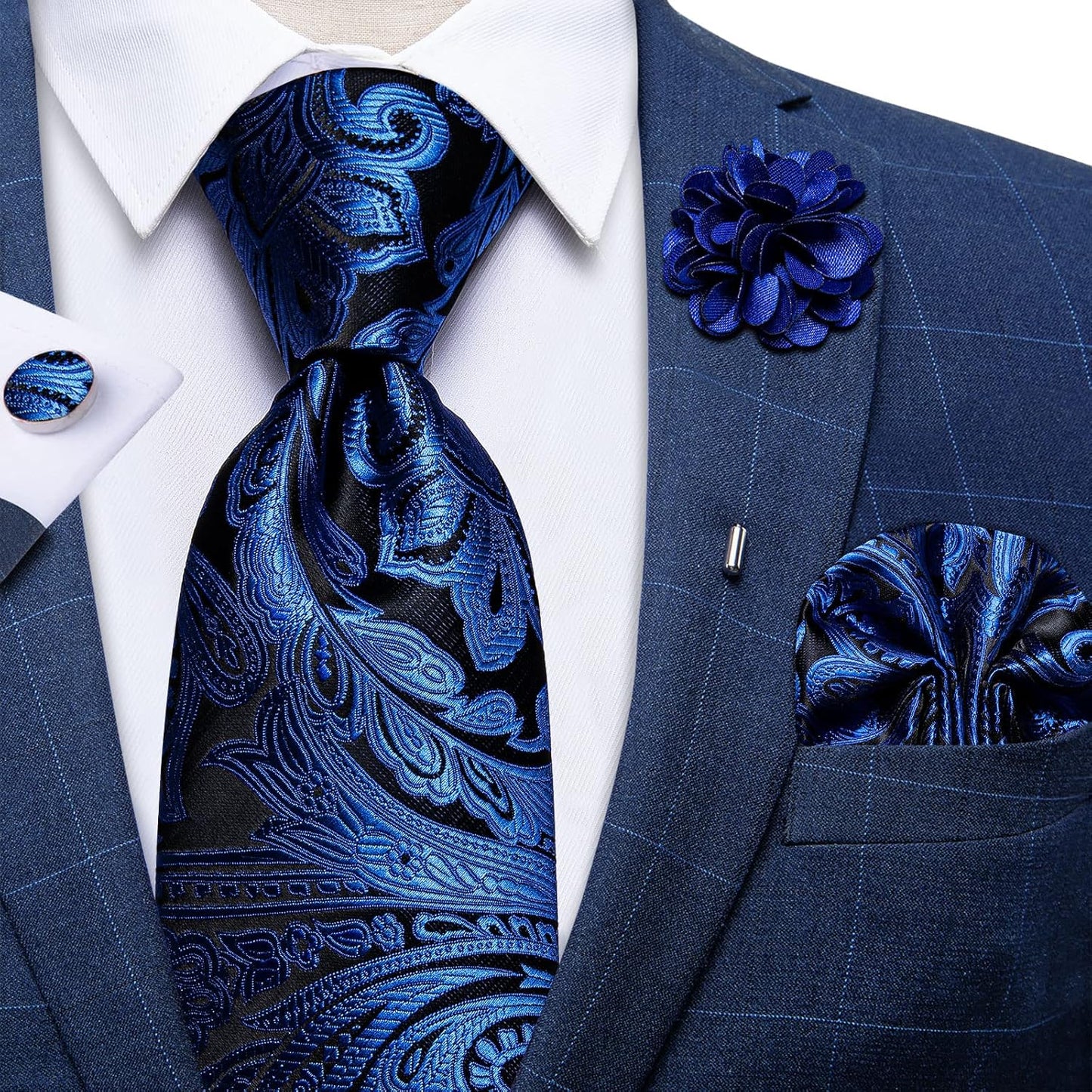 Silk Ties for Men Necktie and Lapel Pin Brooch Set Formal Woven Paisley Plaid Striped Solid Tie Wedding Party
