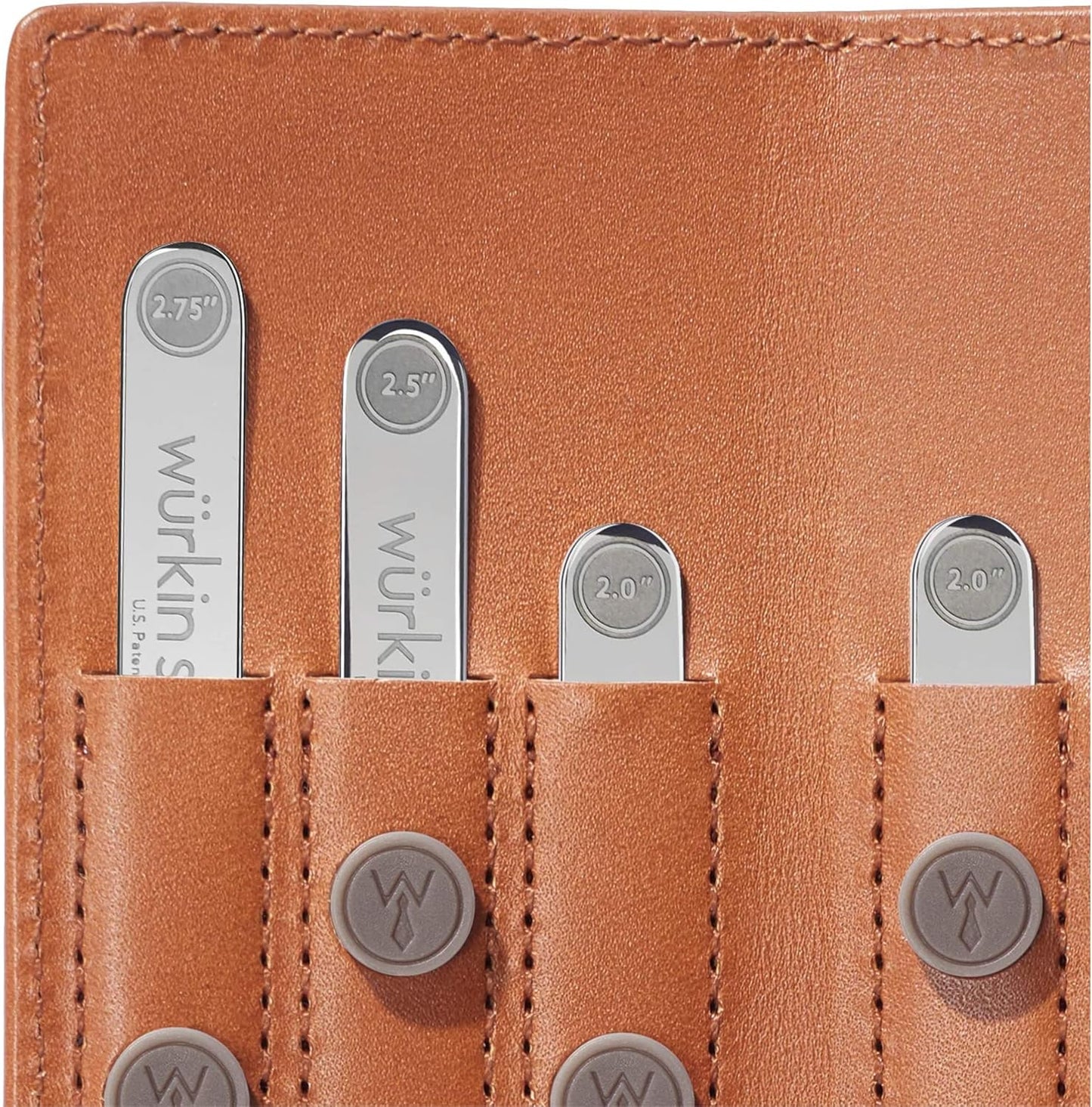 Würkin Stiffs Assorted Power Stays Magnet Collar Stay Travel Set | Tan Leather Wallet Case | Slim Tie Bar Clip Set | Set of 3 1.65" Brushed Finish Tie Clips | As Seen on Shark Tank