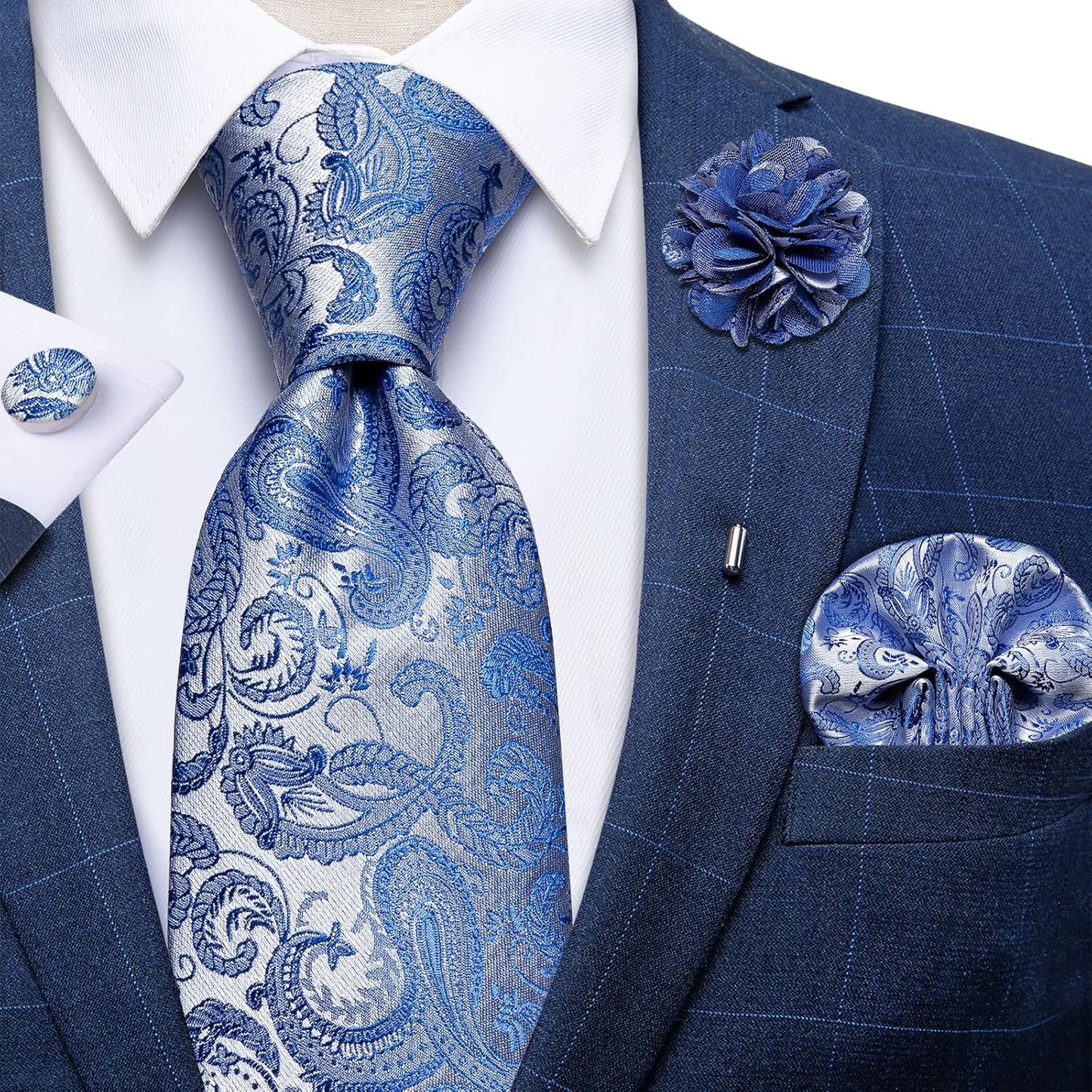 Silk Ties for Men Necktie and Lapel Pin Brooch Set Formal Woven Paisley Plaid Striped Solid Tie Wedding Party