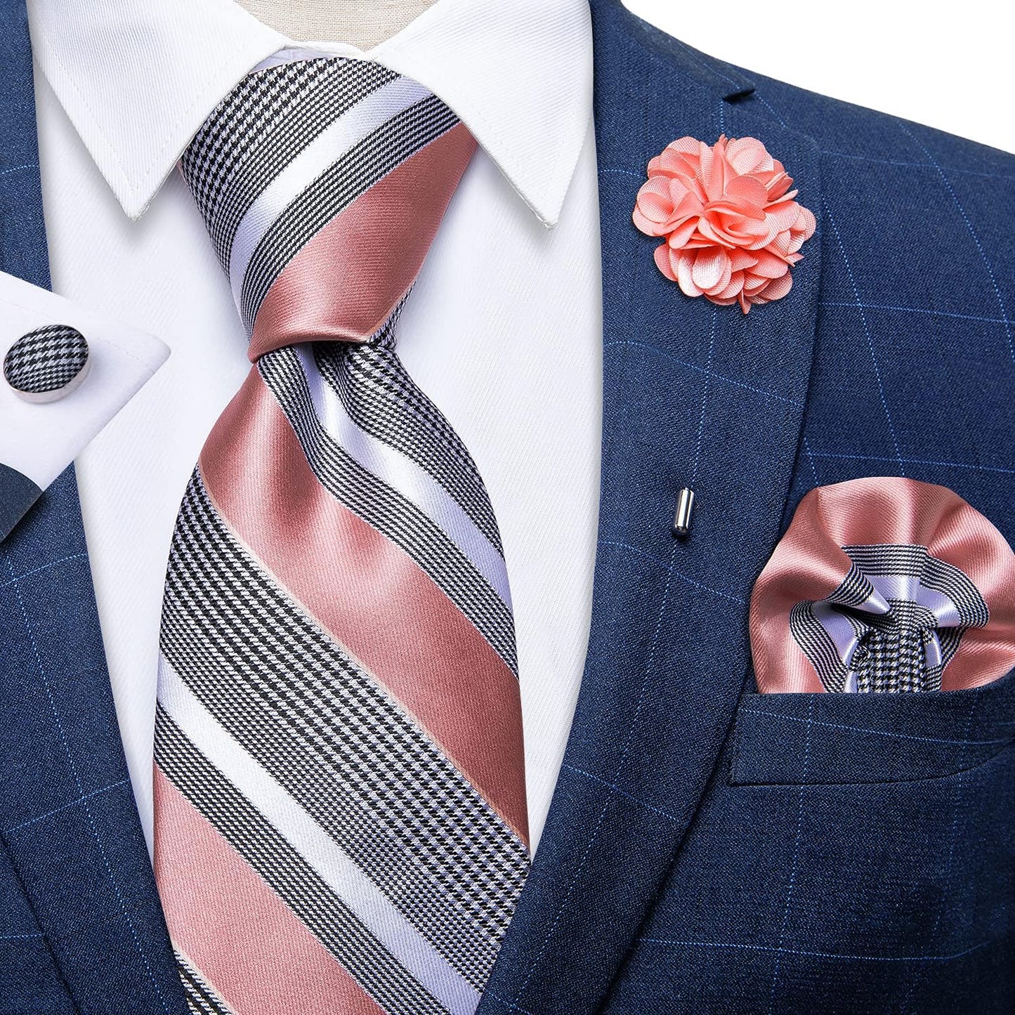 Silk Ties for Men Necktie and Lapel Pin Brooch Set Formal Woven Paisley Plaid Striped Solid Tie Wedding Party