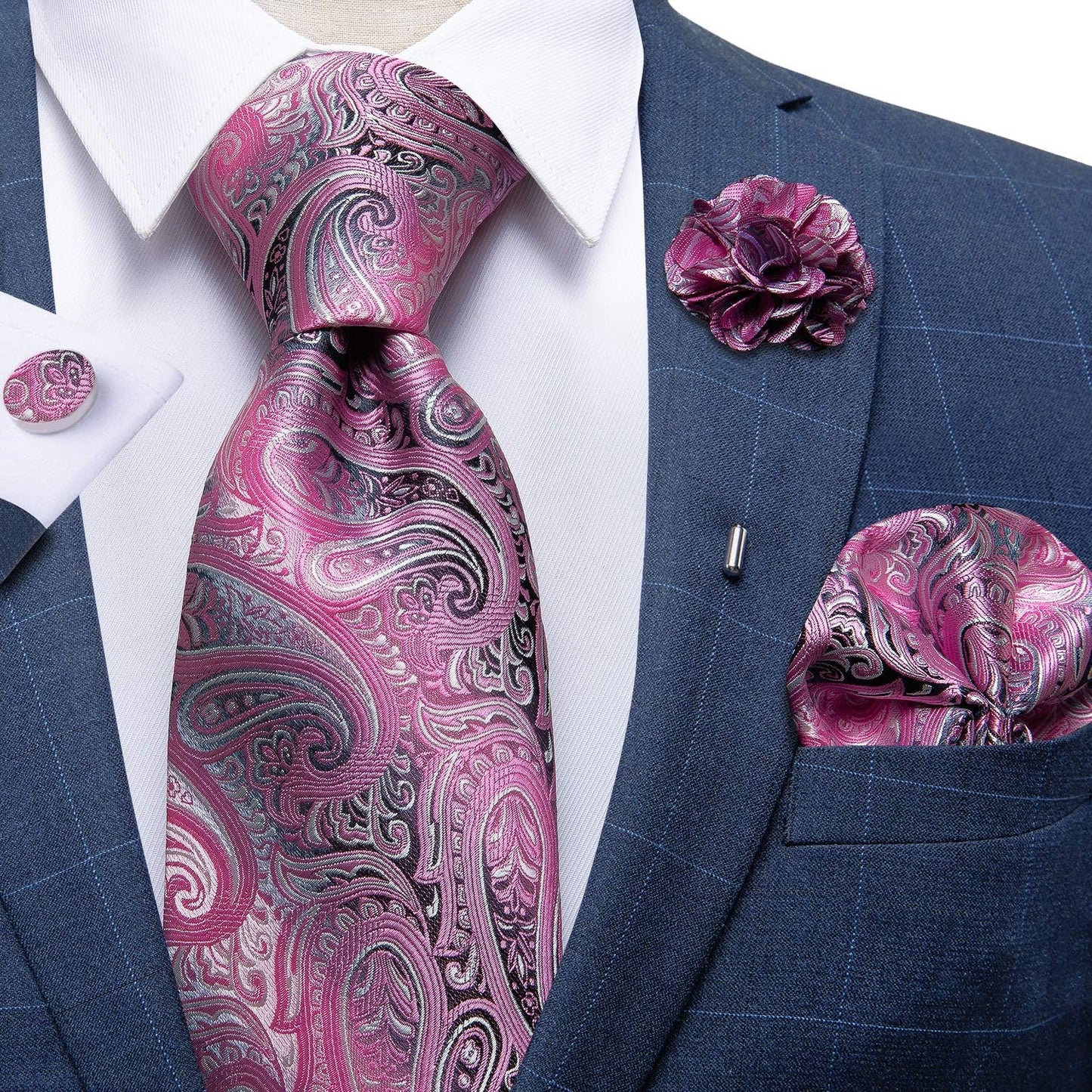Silk Ties for Men Necktie and Lapel Pin Brooch Set Formal Woven Paisley Plaid Striped Solid Tie Wedding Party
