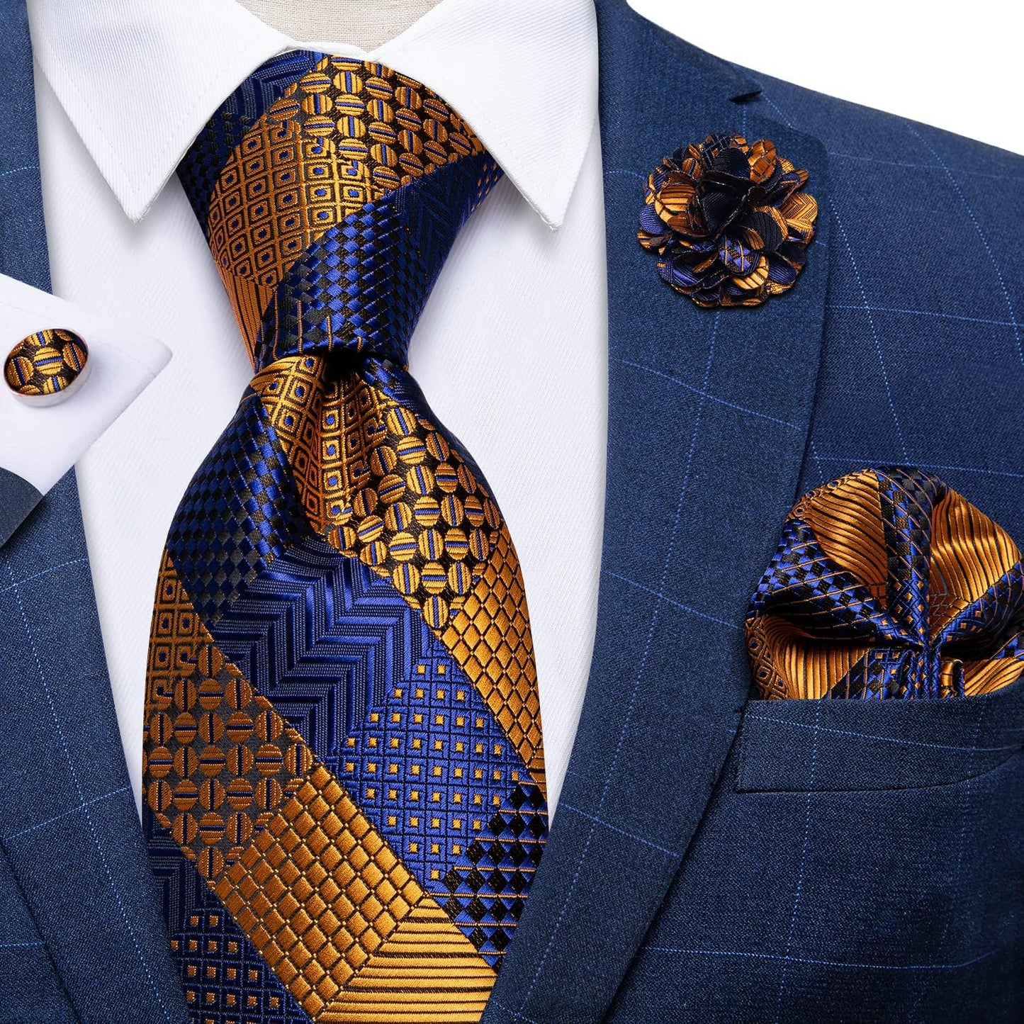 Silk Ties for Men Necktie and Lapel Pin Brooch Set Formal Woven Paisley Plaid Striped Solid Tie Wedding Party