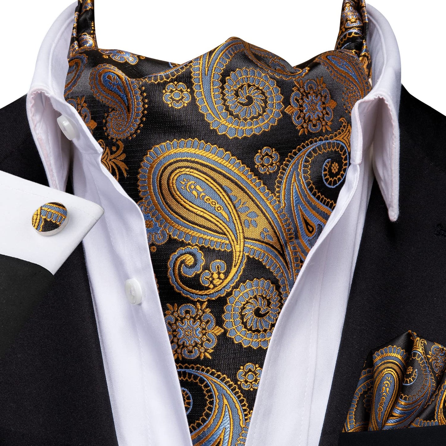 Silk Ascot for Men Self Tie Men's Cravat and Flower Lapel Pin Handkerchief Cufflinks Set for Wedding Party