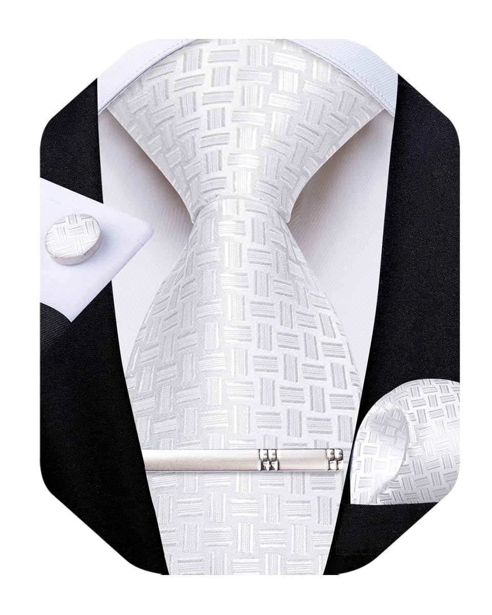 Silk Ties for Men Formal Plaid Check Necktie and Pocket Square Cufflinks Tie Clip Set Wedding Necktie with Gift Box