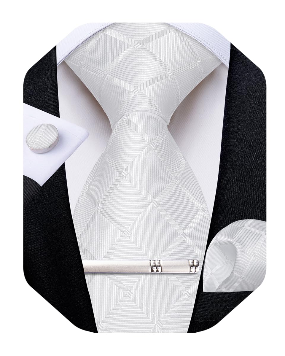 Silk Ties for Men Formal Plaid Check Necktie and Pocket Square Cufflinks Tie Clip Set Wedding Necktie with Gift Box