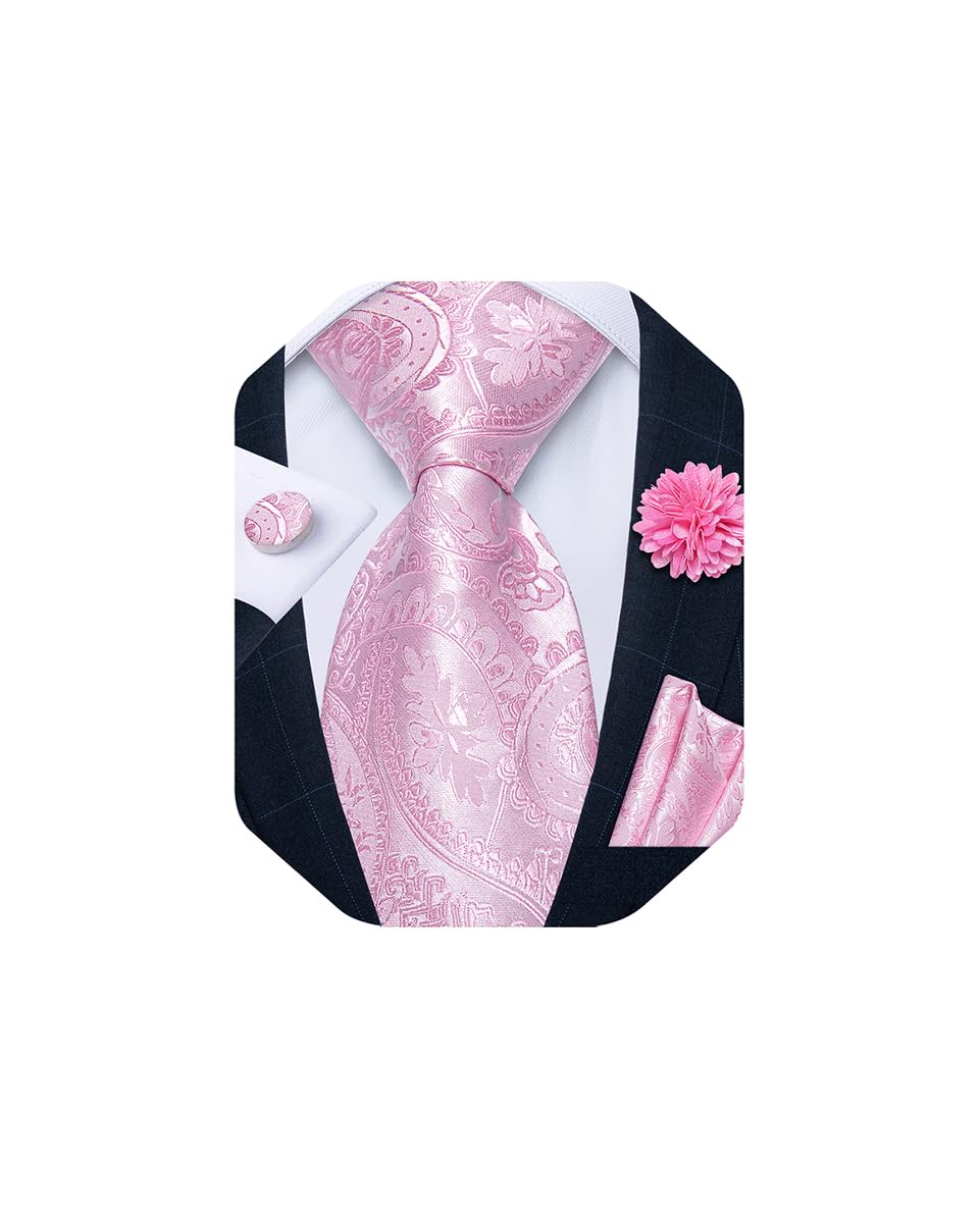 Mens Tie and Lapel Pin Set Silk Plaid Solid Paisley Necktie & Pocket Square Cufflinks for Wedding Party