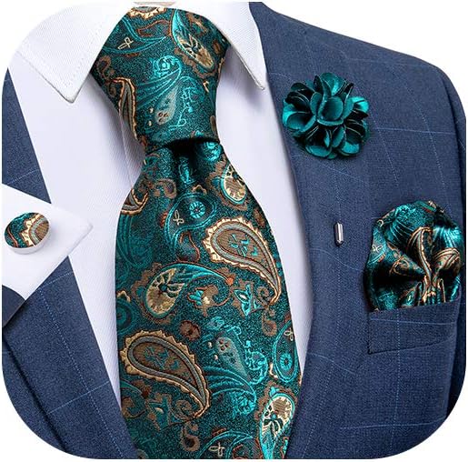 Silk Ties for Men Necktie and Lapel Pin Brooch Set Formal Woven Paisley Plaid Striped Solid Tie Wedding Party