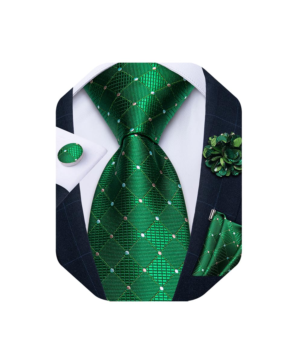 Mens Tie and Lapel Pin Set Silk Plaid Solid Paisley Necktie & Pocket Square Cufflinks for Wedding Party