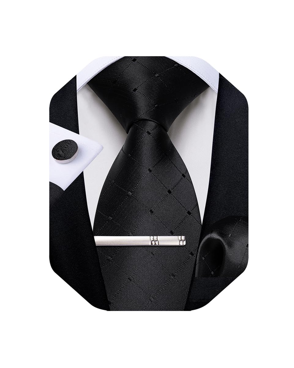 Silk Ties for Men Formal Plaid Check Necktie and Pocket Square Cufflinks Tie Clip Set Wedding Necktie with Gift Box