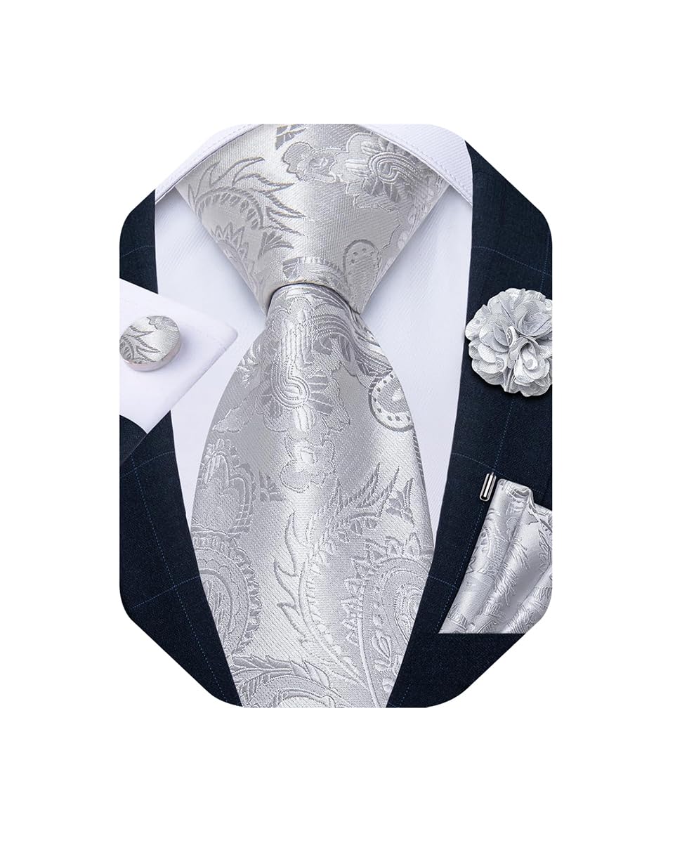 Mens Tie and Lapel Pin Set Silk Plaid Solid Paisley Necktie & Pocket Square Cufflinks for Wedding Party