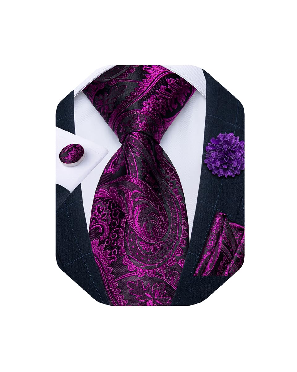 Mens Tie and Lapel Pin Set Silk Plaid Solid Paisley Necktie & Pocket Square Cufflinks for Wedding Party