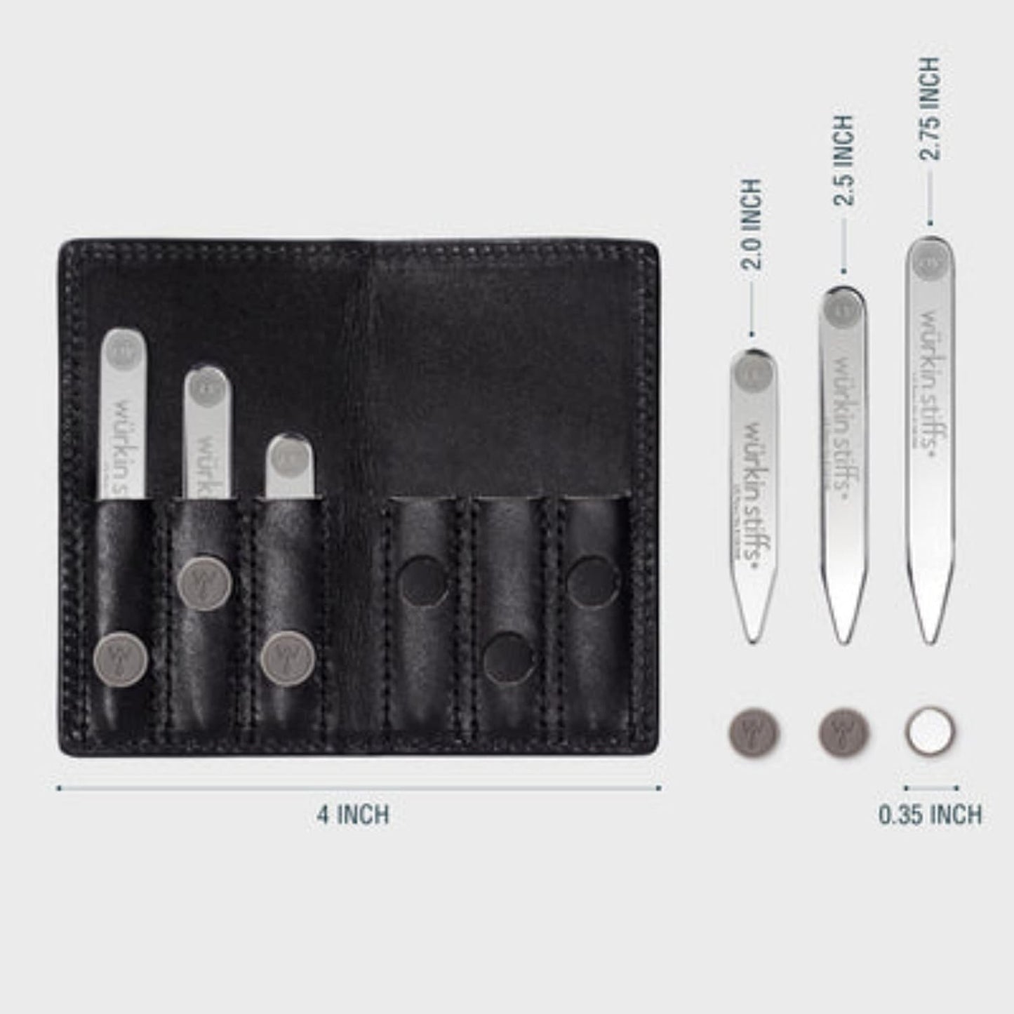 Würkin Stiffs Assorted Power Stays Magnet Collar Stay Travel Set | Black Leather Wallet Case | Slim Tie Bar Clip Set | Set of 3 1.65" Brushed Finish Tie Clips | As Seen on Shark Tank