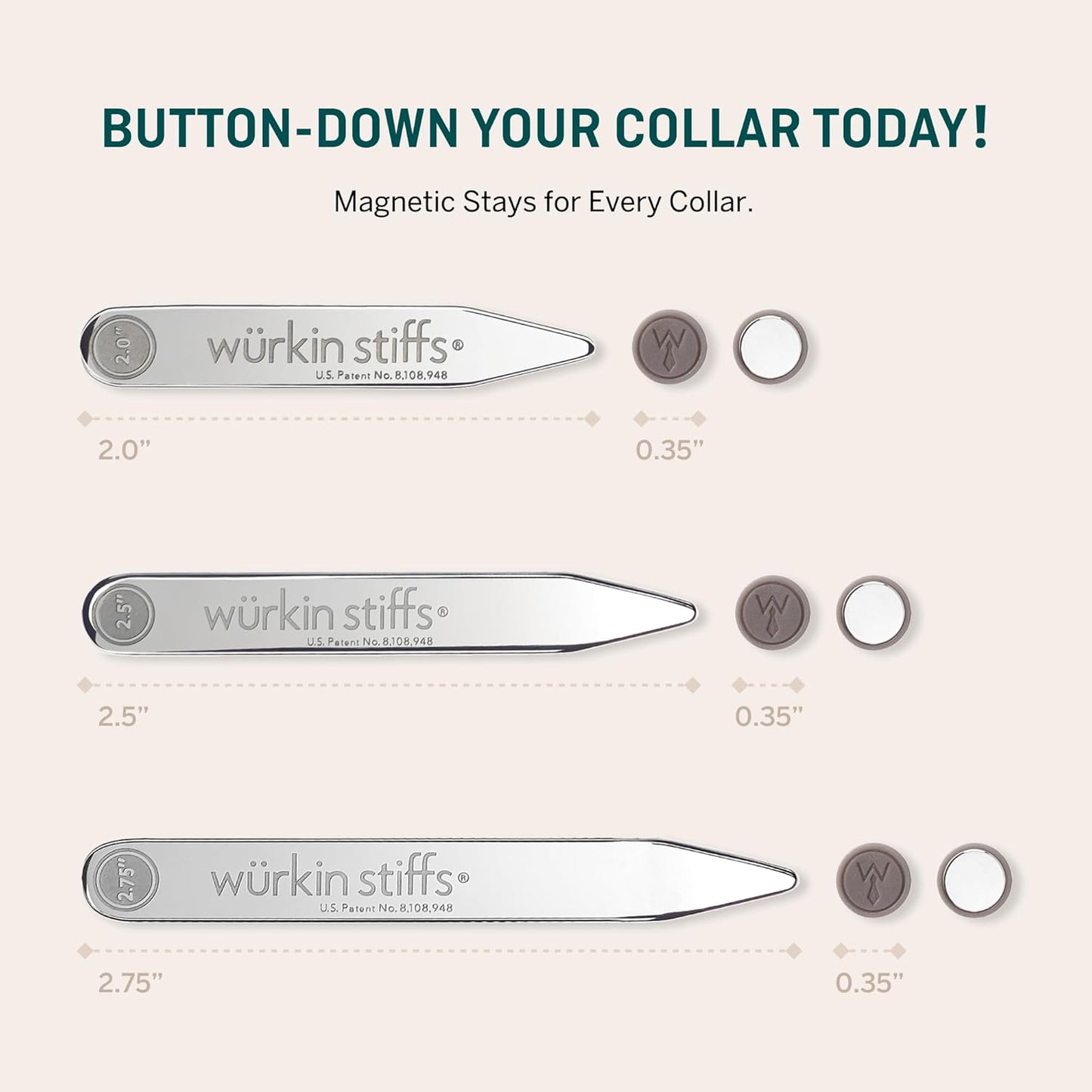 Würkin Stiffs Assorted Power Stays Magnetic Collar Stays 3 Pair | Slim Tie Bar Clip Set | Set of 3 1.65" Brushed Finish Tie Clips | As Seen on Shark Tank