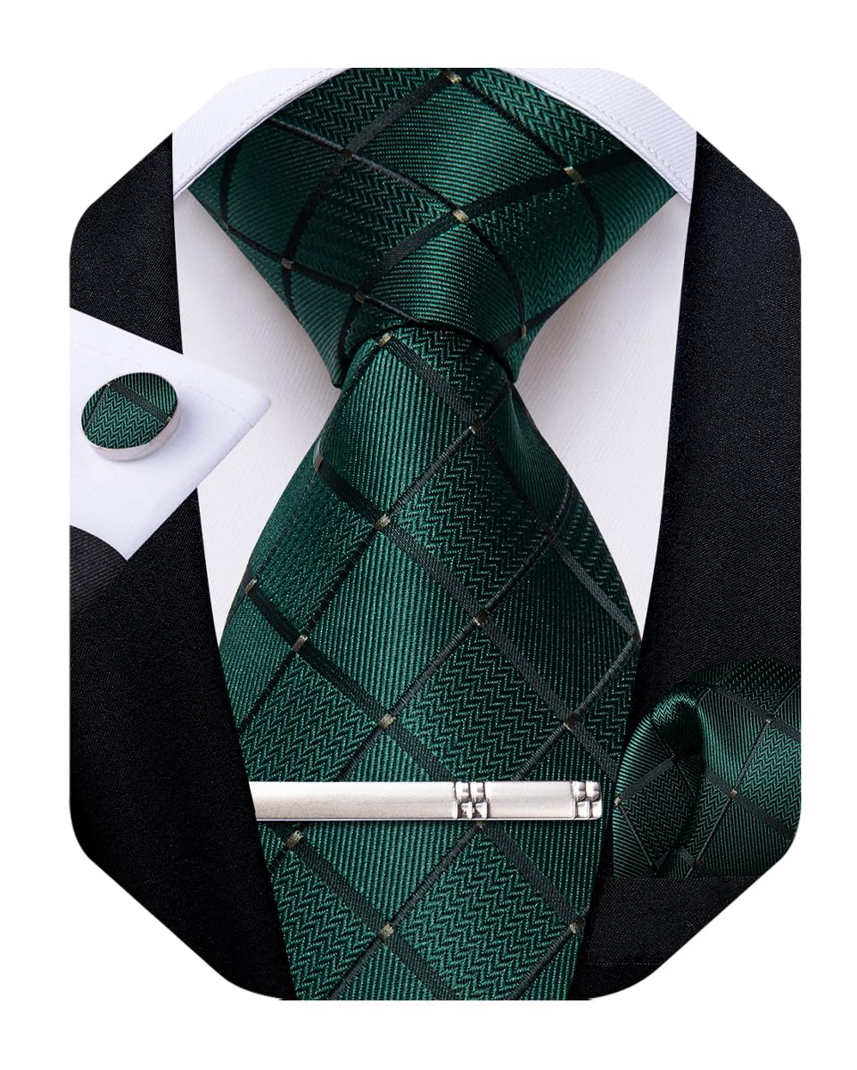 Silk Ties for Men Formal Plaid Check Necktie and Pocket Square Cufflinks Tie Clip Set Wedding Necktie with Gift Box