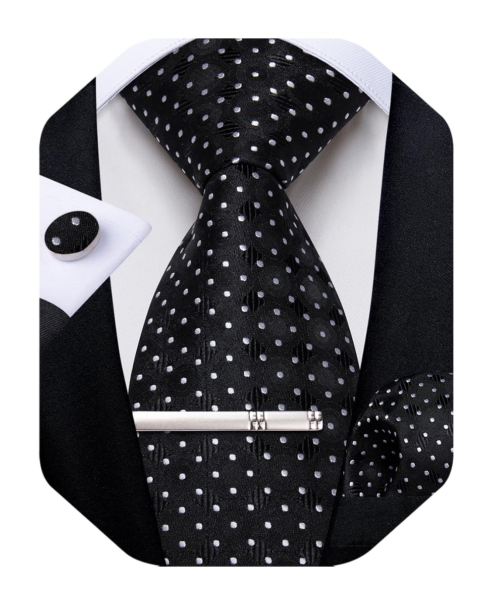 Silk Ties for Men Formal Plaid Check Necktie and Pocket Square Cufflinks Tie Clip Set Wedding Necktie with Gift Box