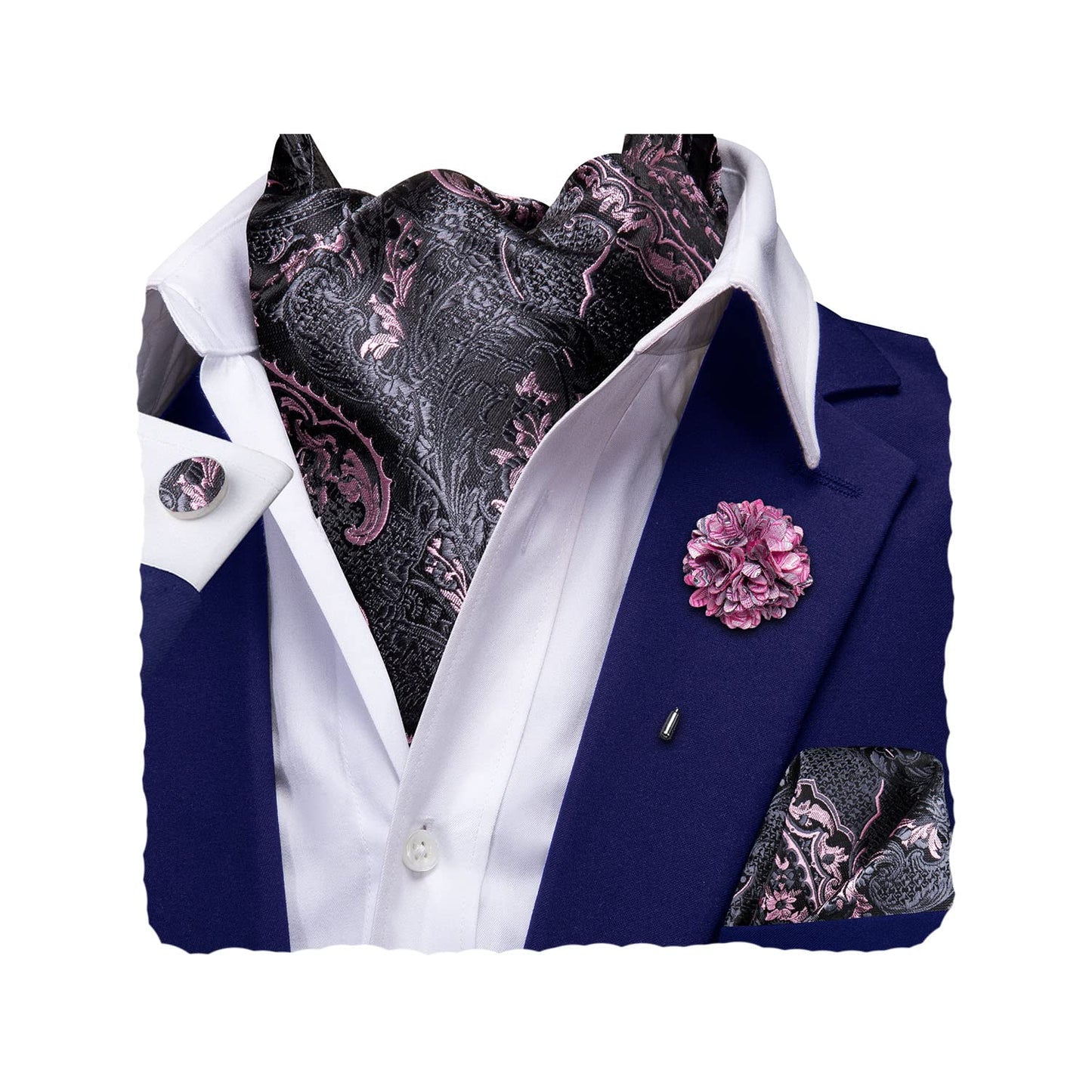 Silk Ascot for Men Self Tie Men's Cravat and Flower Lapel Pin Handkerchief Cufflinks Set for Wedding Party