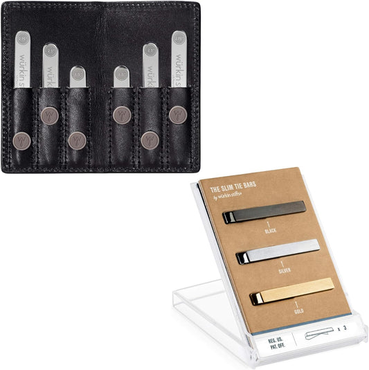 Würkin Stiffs Assorted Power Stays Magnet Collar Stay Travel Set | Black Leather Wallet Case | Slim Tie Bar Clip Set | Set of 3 1.65" Brushed Finish Tie Clips | As Seen on Shark Tank