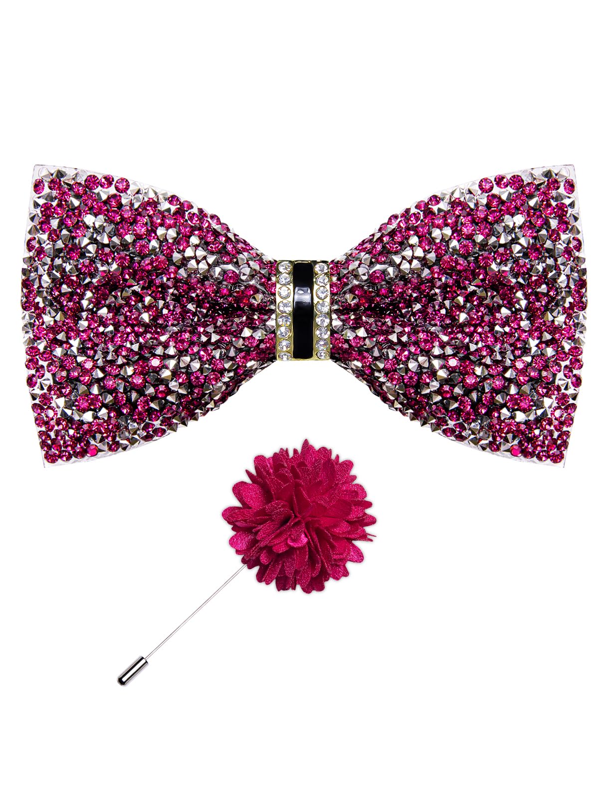 Rhinestone Bow Ties for Men Adjustable Sequin Diamond Pre-tied Bowtie with Ring and Lapel Pin Set for Wedding Party