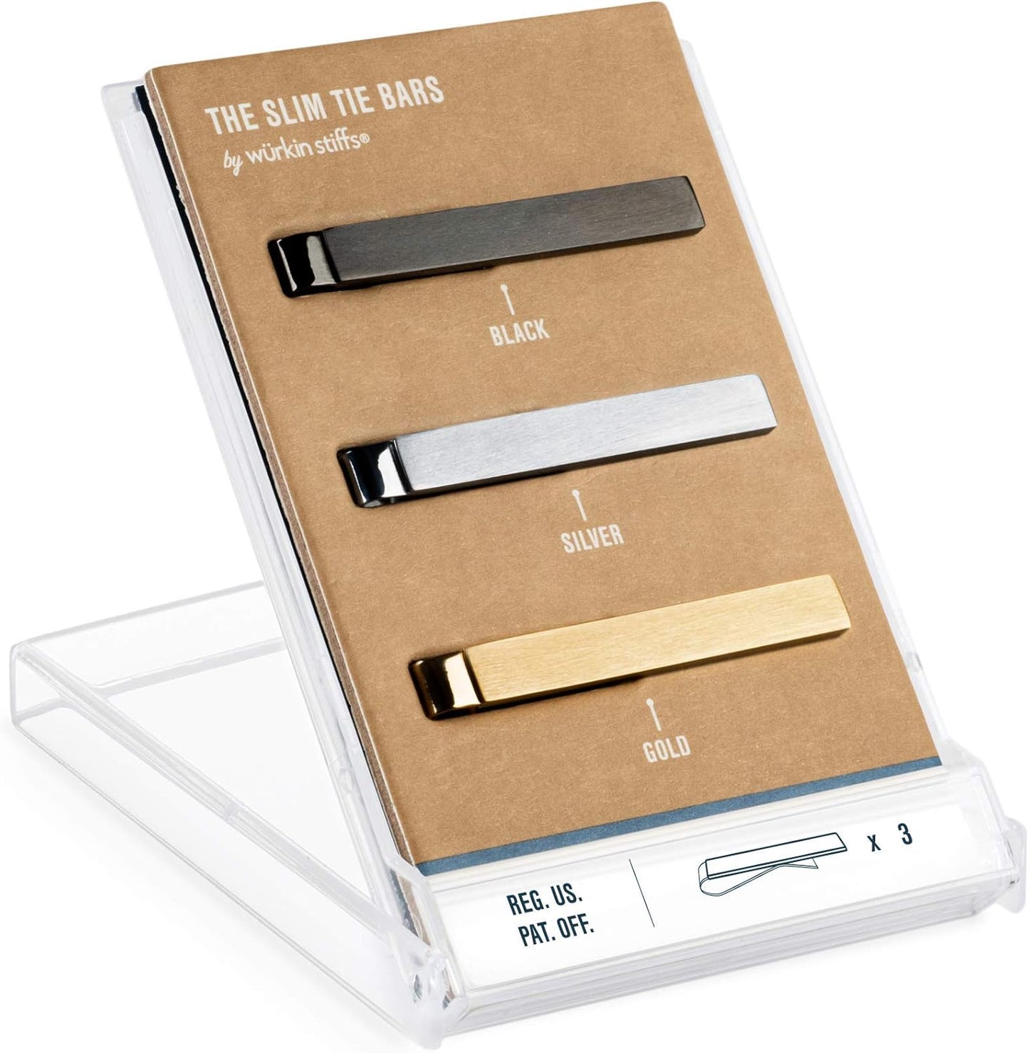 Würkin Stiffs Assorted Power Stays Magnet Collar Stay Travel Set | Tan Leather Wallet Case | Slim Tie Bar Clip Set | Set of 3 1.65" Brushed Finish Tie Clips | As Seen on Shark Tank