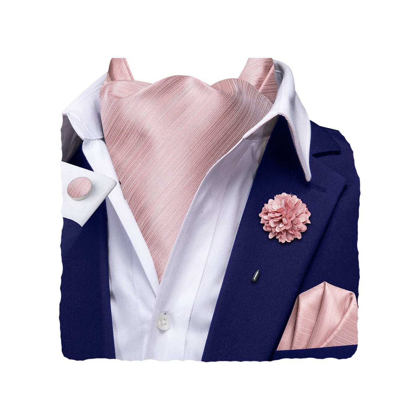 Silk Ascot for Men Self Tie Men's Cravat and Flower Lapel Pin Handkerchief Cufflinks Set for Wedding Party