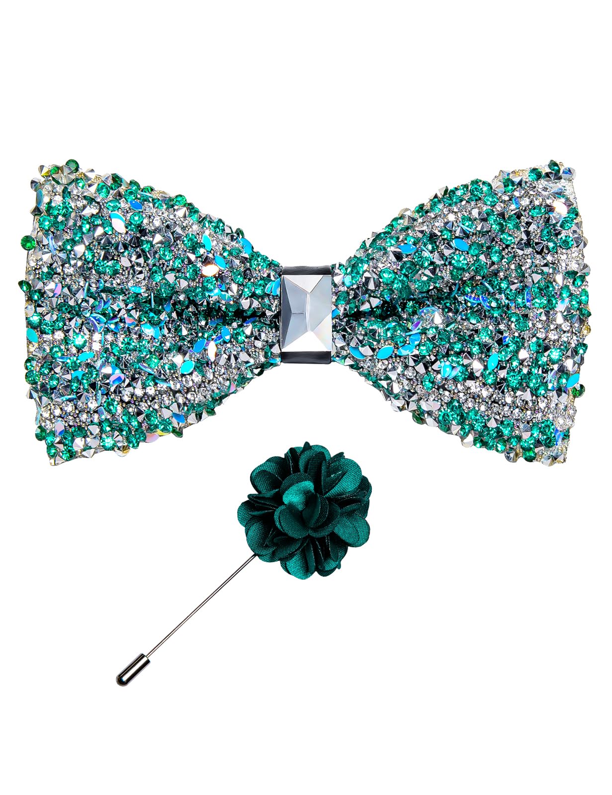 Rhinestone Bow Ties for Men Adjustable Sequin Diamond Pre-tied Bowtie with Ring and Lapel Pin Set for Wedding Party