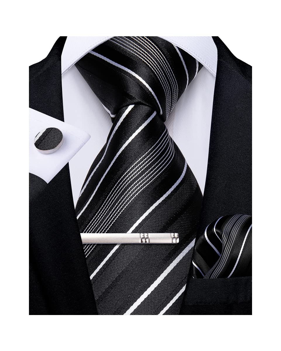 Mens Striped Tie Silk Woven Necktie and Pocket Square Cufflinks Tie Clip Set Wedding Business Formal Gift Tie for Men