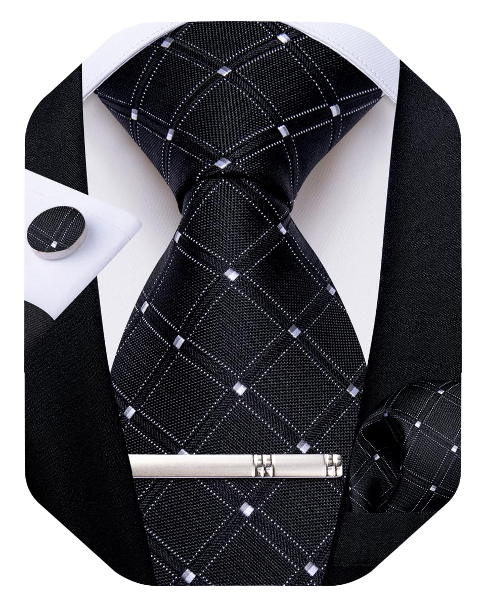 Silk Ties for Men Formal Plaid Check Necktie and Pocket Square Cufflinks Tie Clip Set Wedding Necktie with Gift Box
