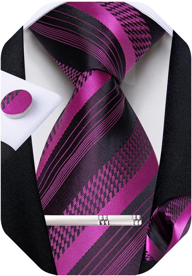 Mens Tie Silk Plaid Striped Necktie and Pocket Square Cufflinks Tie Clip Set with Gift Box Formal Wedding Party
