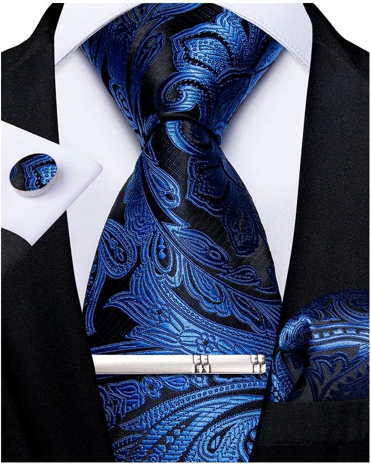 Paisley Ties for Men Silk Necktie and Pocket Square Cufflinks Tie Clip Set Woven Classic Mens Tie for Wedding Party