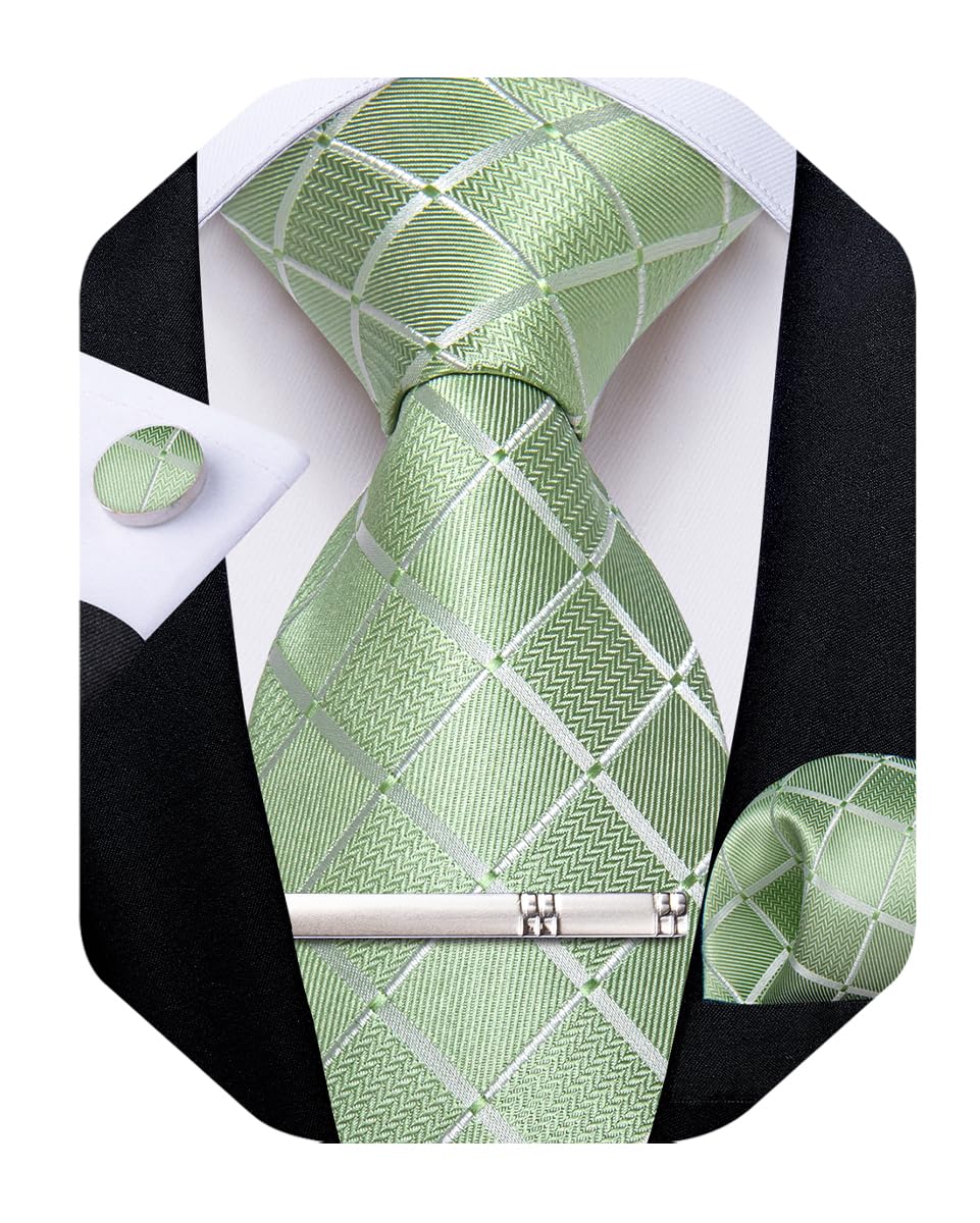 Silk Ties for Men Formal Plaid Check Necktie and Pocket Square Cufflinks Tie Clip Set Wedding Necktie with Gift Box