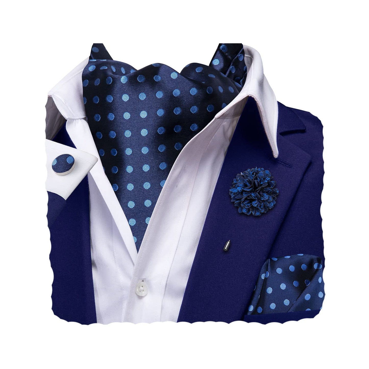 Silk Ascot for Men Self Tie Men's Cravat and Flower Lapel Pin Handkerchief Cufflinks Set for Wedding Party