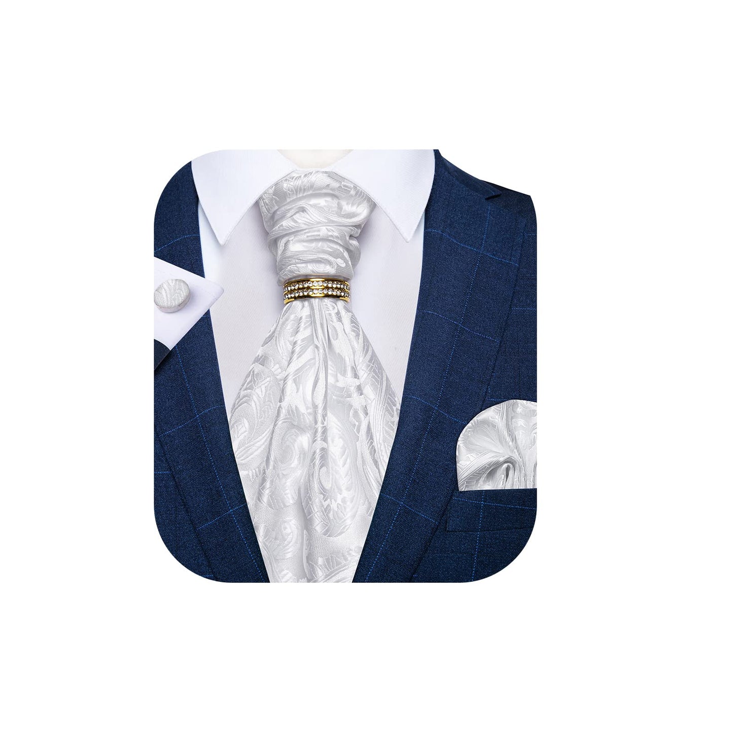 DiBanGu Paisley Ascot Ties for Men Silk Woven Cravat Tie and Pocket Square Cufflinks Set with Tie Ring for Wedding Party