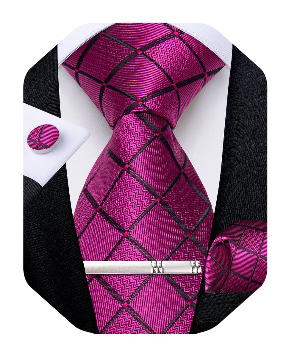 Silk Ties for Men Formal Plaid Check Necktie and Pocket Square Cufflinks Tie Clip Set Wedding Necktie with Gift Box