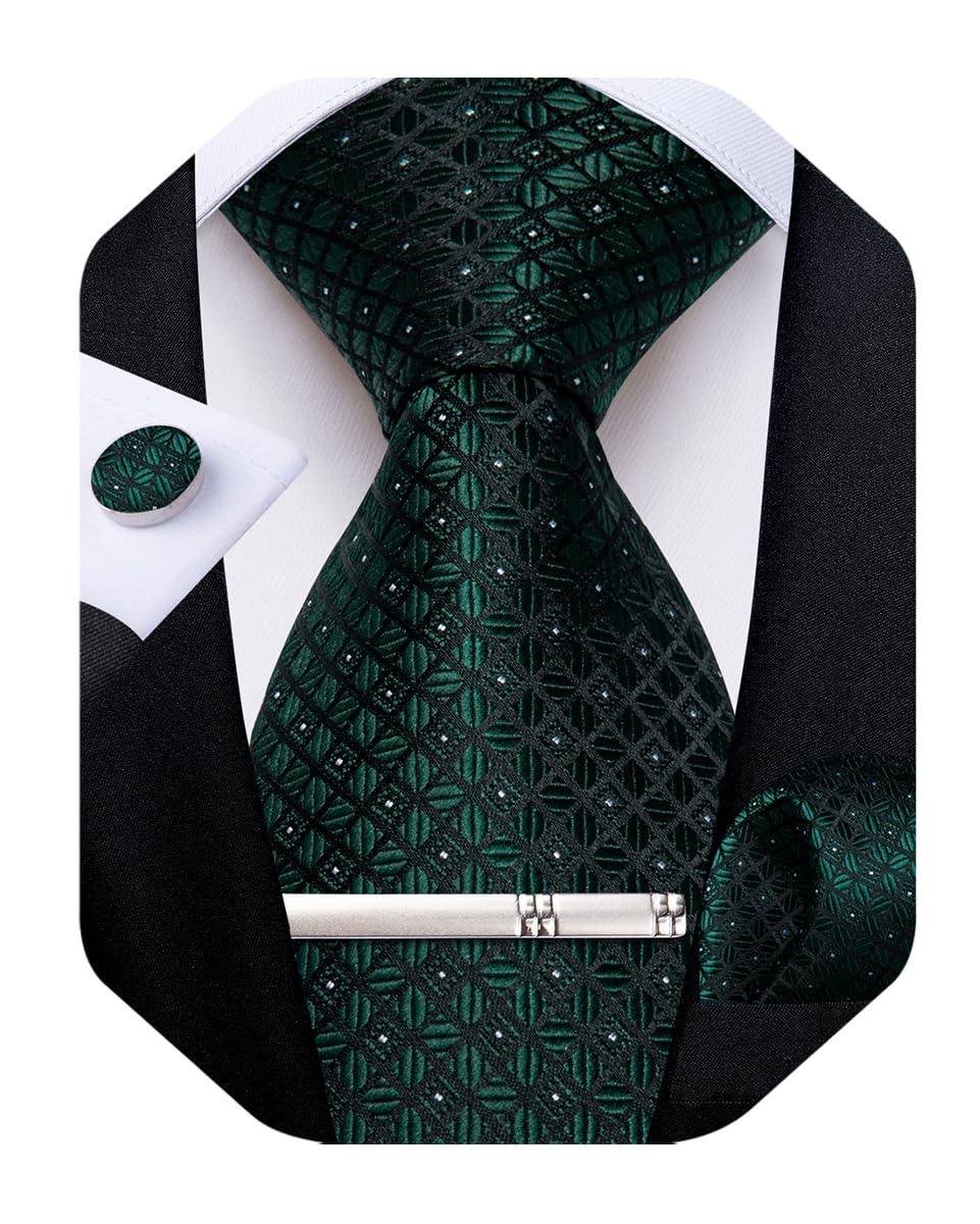Silk Ties for Men Formal Plaid Check Necktie and Pocket Square Cufflinks Tie Clip Set Wedding Necktie with Gift Box