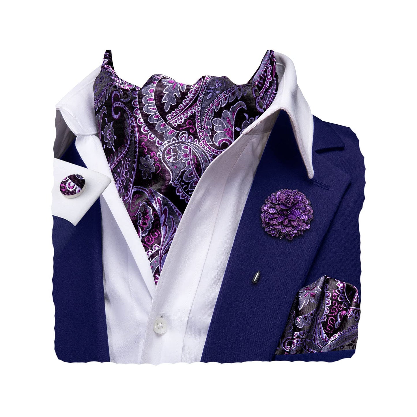 Silk Ascot for Men Self Tie Men's Cravat and Flower Lapel Pin Handkerchief Cufflinks Set for Wedding Party