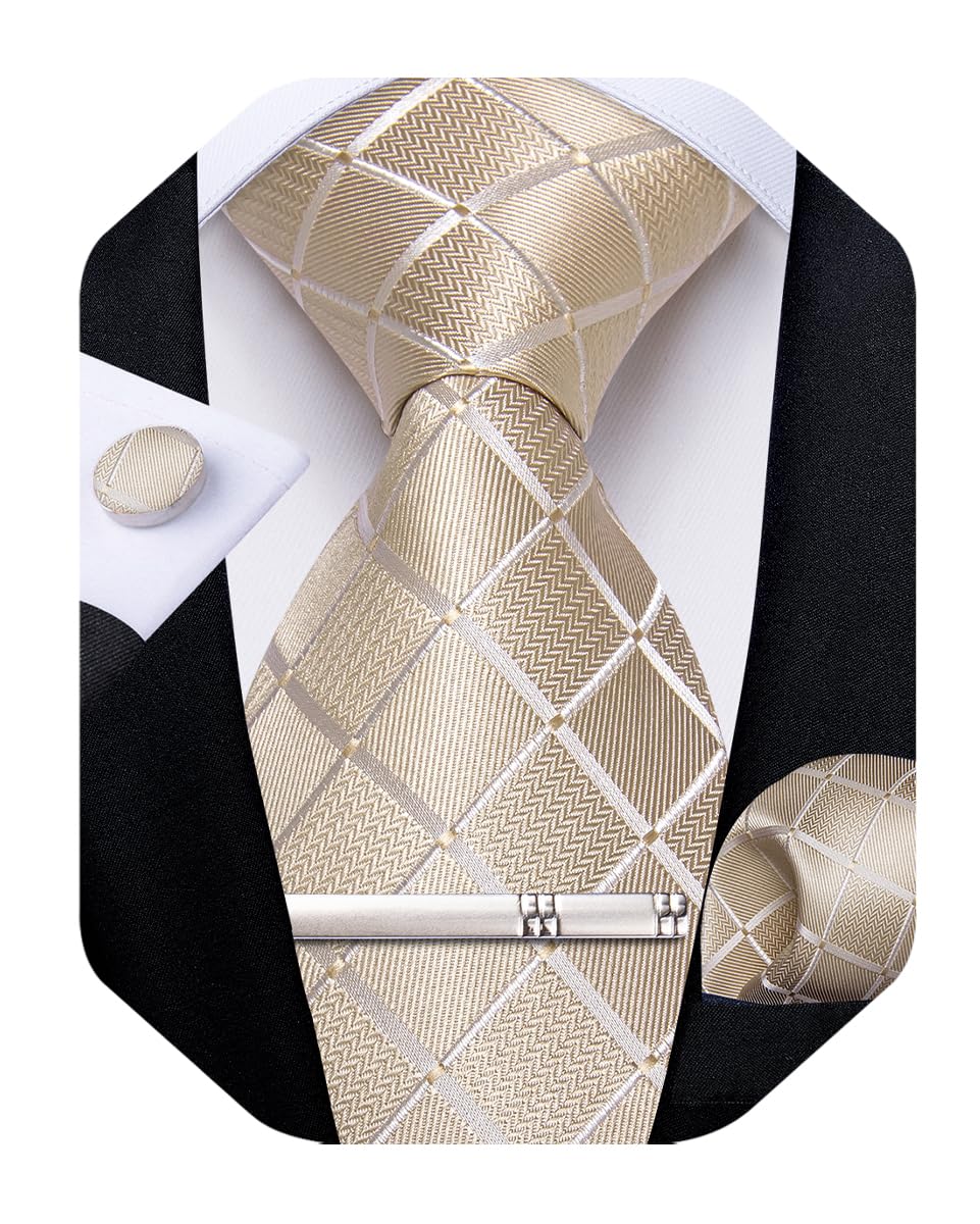 Silk Ties for Men Formal Plaid Check Necktie and Pocket Square Cufflinks Tie Clip Set Wedding Necktie with Gift Box