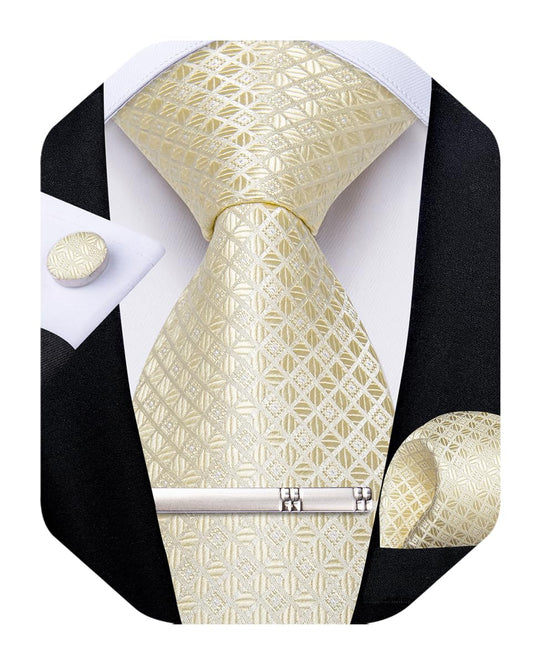 Silk Ties for Men Formal Plaid Check Necktie and Pocket Square Cufflinks Tie Clip Set Wedding Necktie with Gift Box