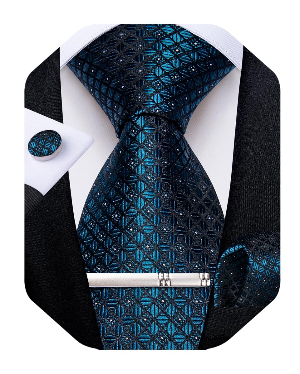 Silk Ties for Men Formal Plaid Check Necktie and Pocket Square Cufflinks Tie Clip Set Wedding Necktie with Gift Box